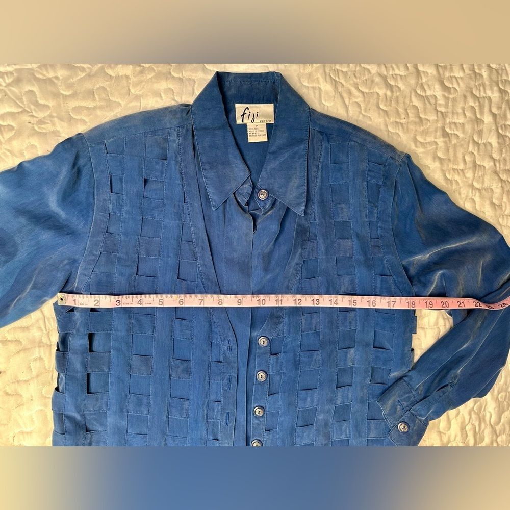 Vintage 90s Fiji Petite Silk Loungewear Set 2-Piece Blue Drawstring Pants S/XS - Picture 11 of 16